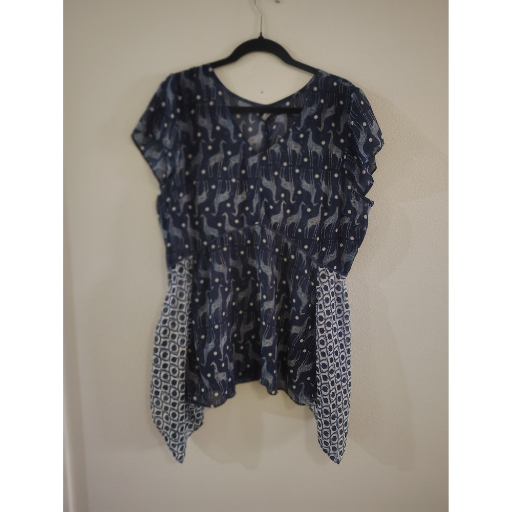 New Directions Weekend Womens XL Navy Blue Giraffe Print Handkerchief Hem Blouse